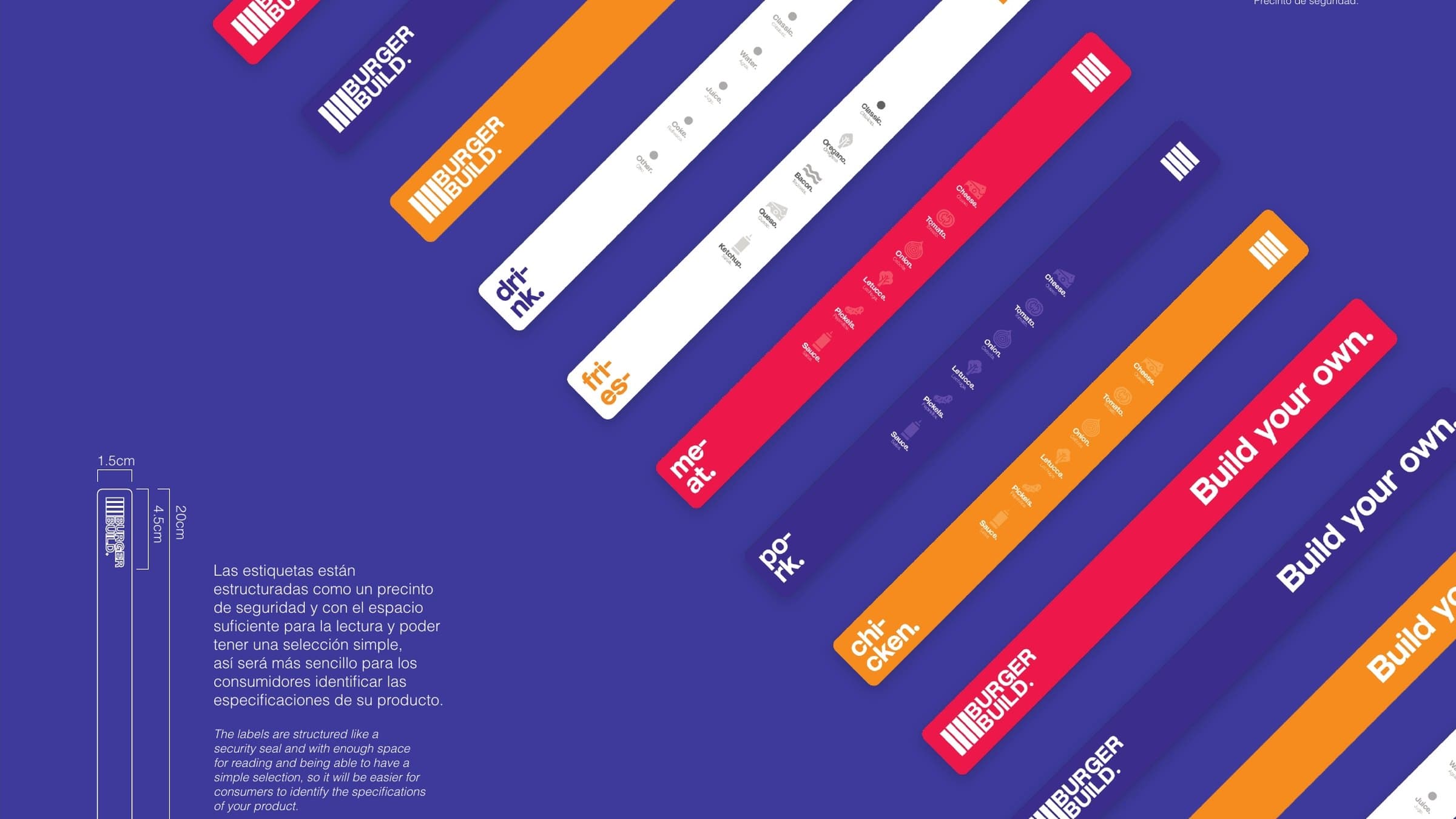 Burger Build seal labels running diagonally across a violet background in purple, orange, red and white