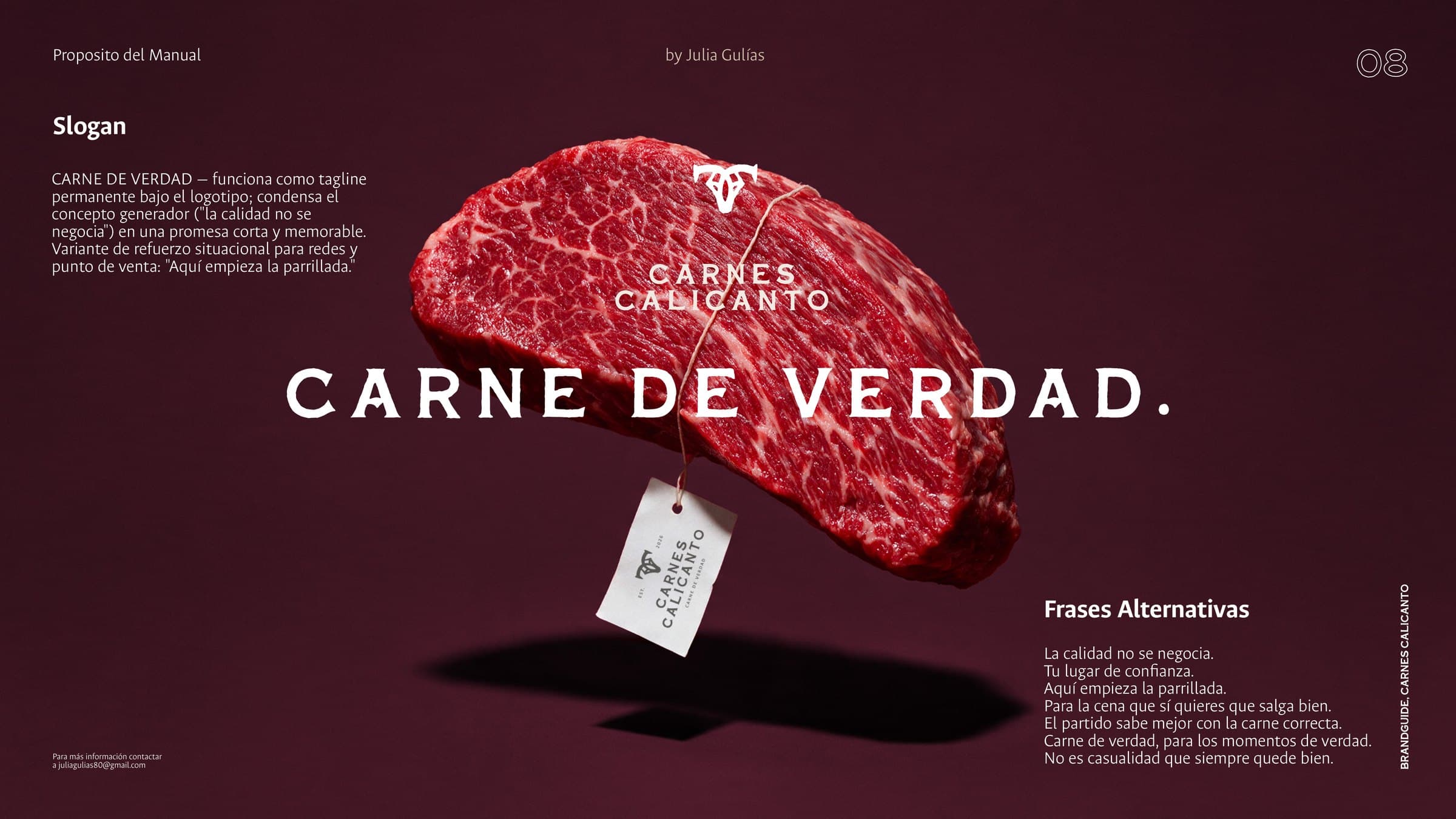 A cut of beef suspended with a hang tag and the line "Carne de verdad" on a burgundy background