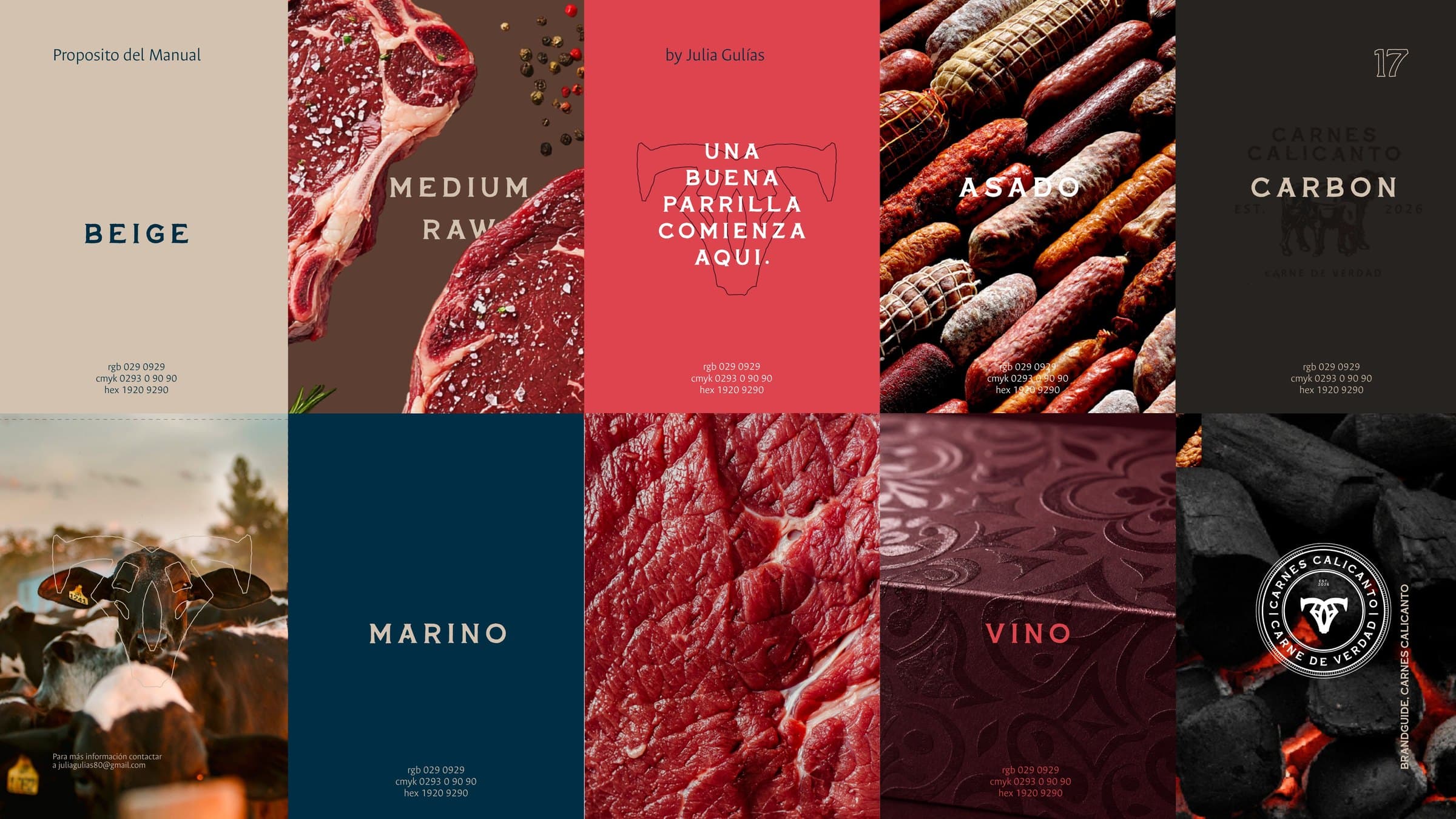 Carnes Calicanto colour system grid with beige, wine, navy and charcoal swatches alongside meat photography