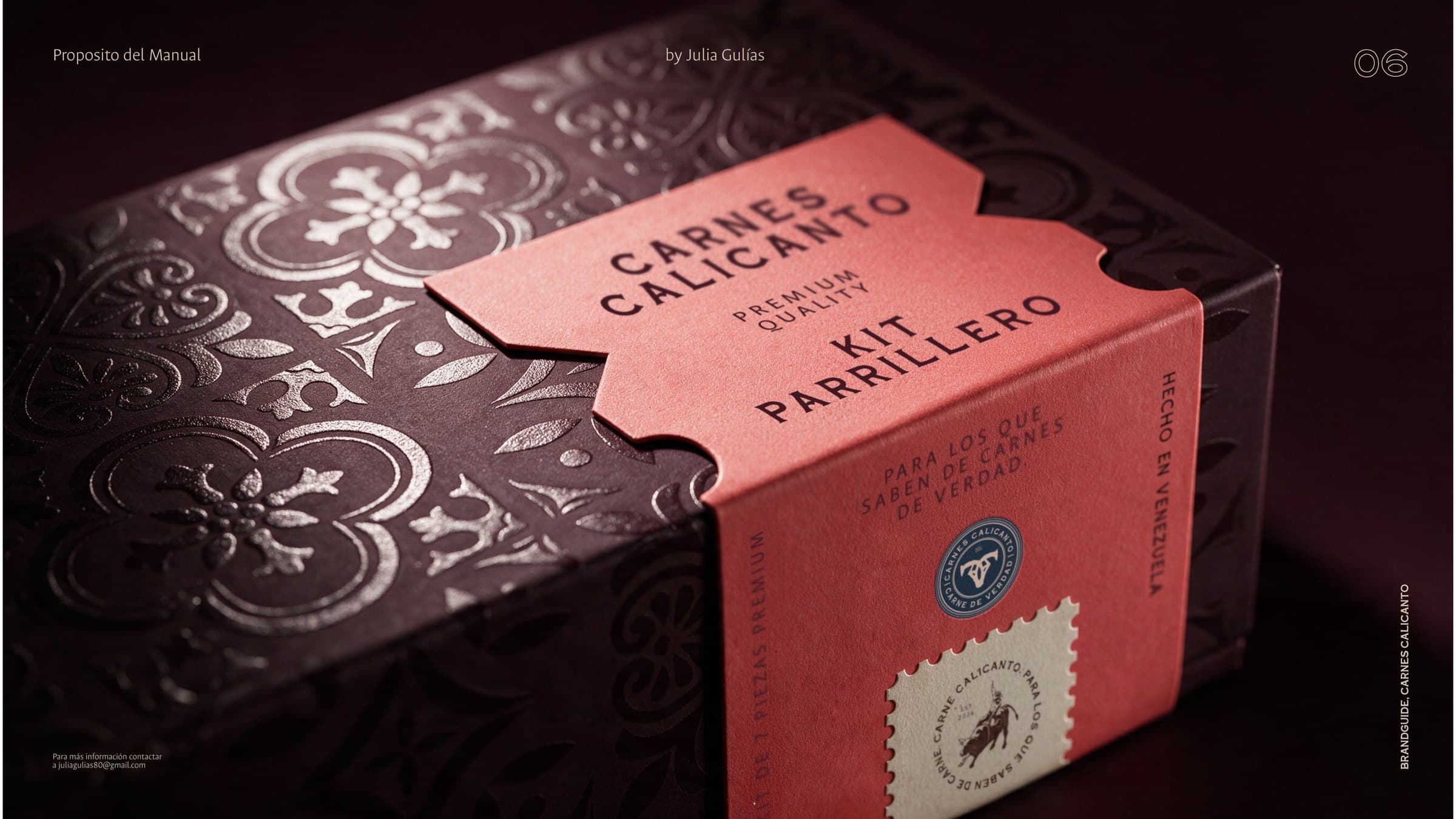 Carnes Calicanto grill kit box with silver embossed floral pattern and a red sleeve