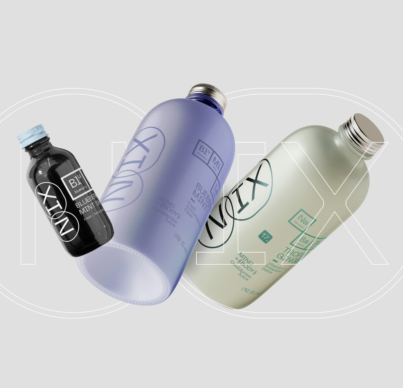 Three NIX bottles —black, lilac and sage— set diagonally on a grey background with the logotype drawn behind
