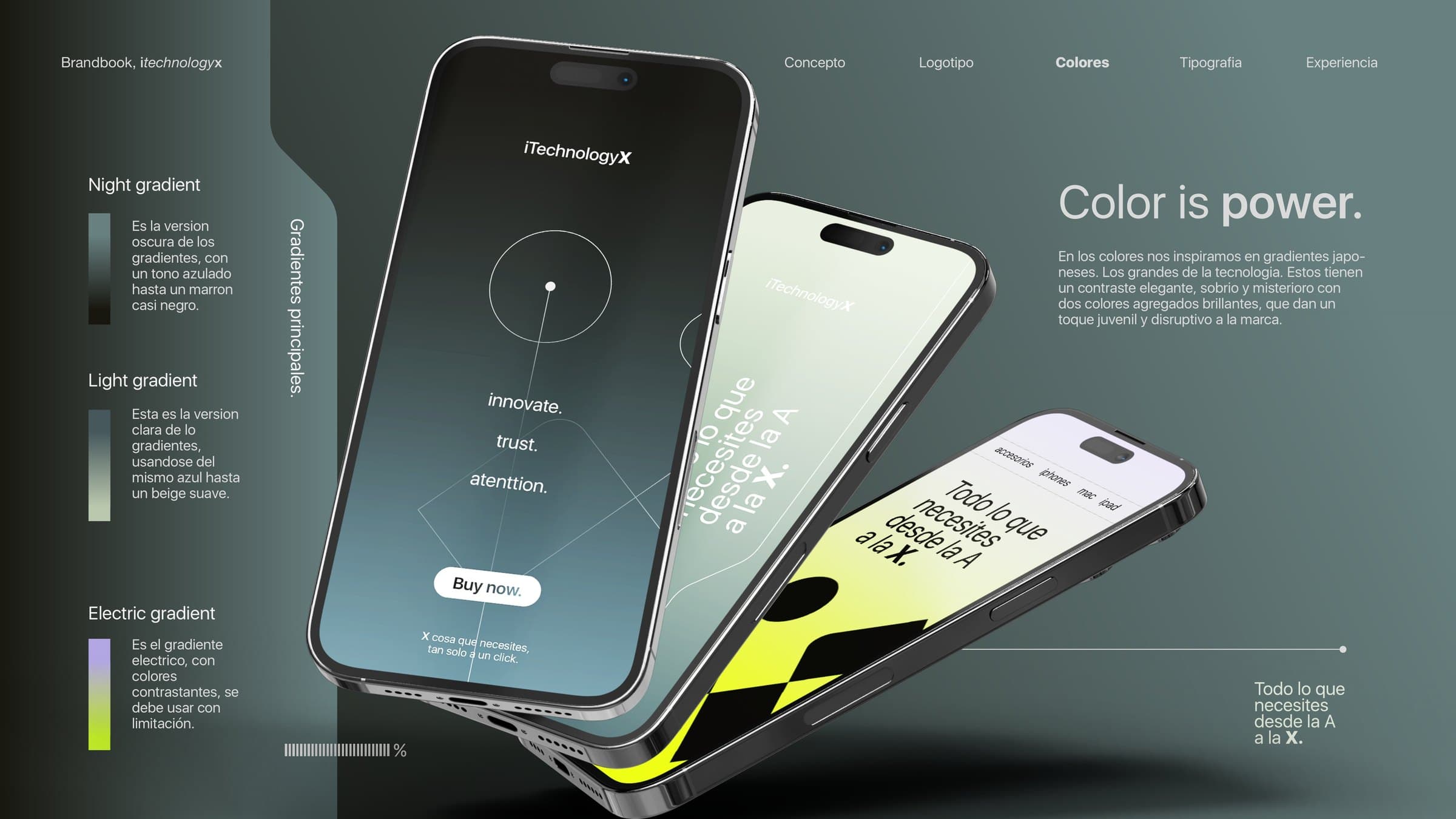 Three phones showing the iTechnologyX interface alongside the brand's gradient system