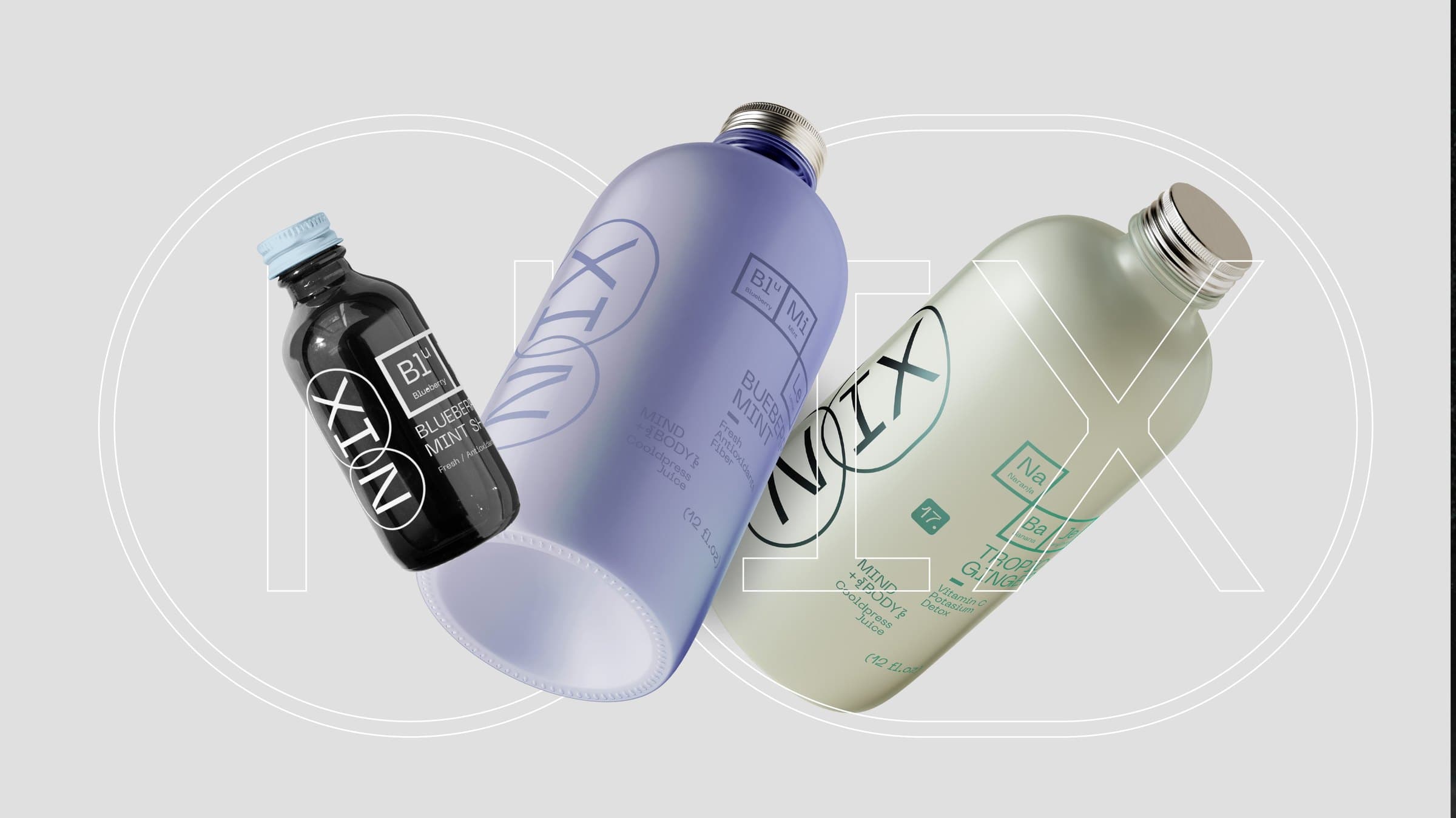 Three NIX bottles in black, lilac and green on a grey background with the logotype behind