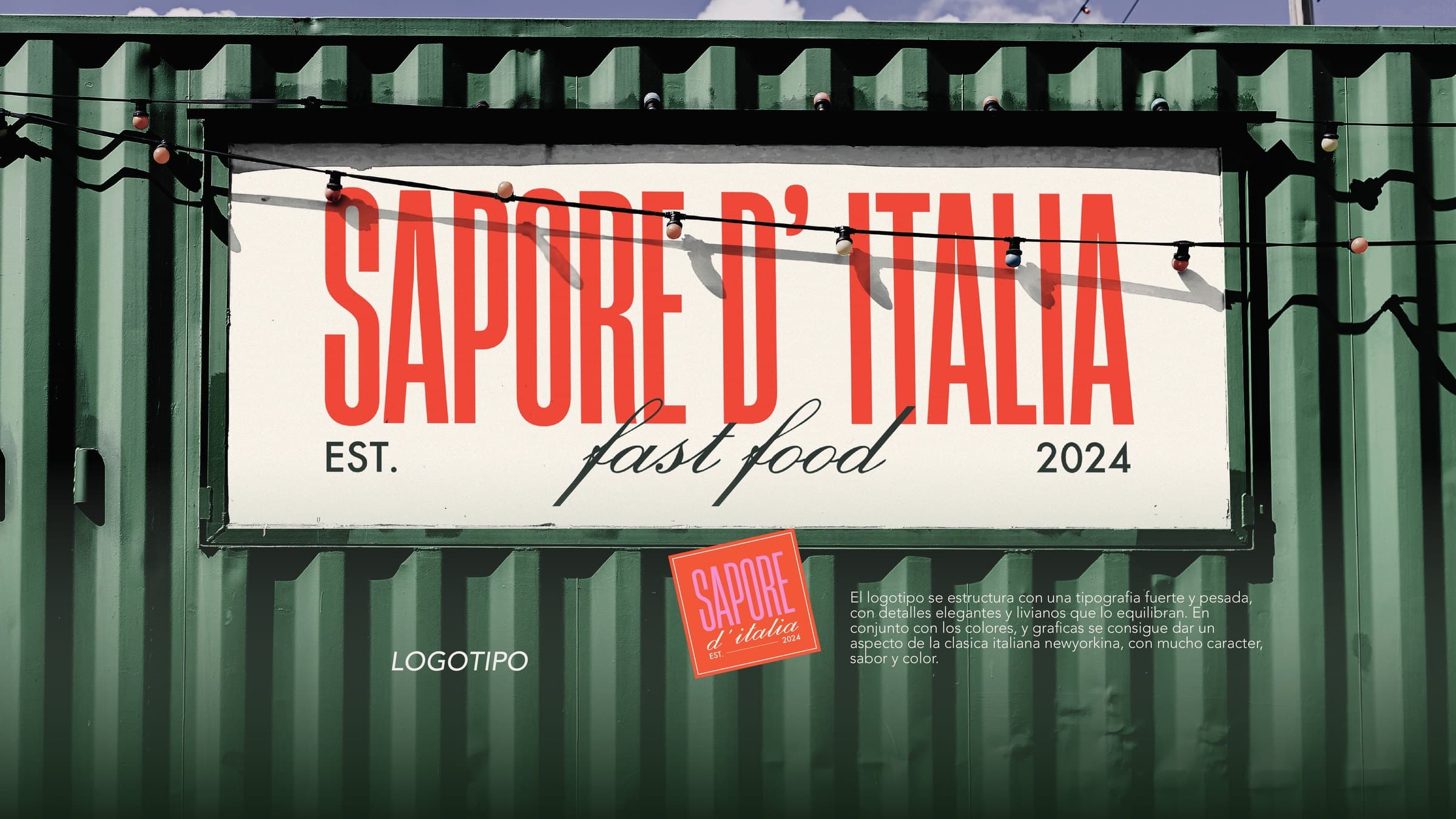 Sapore d'Italia sign on a green corrugated facade with a string of bulbs