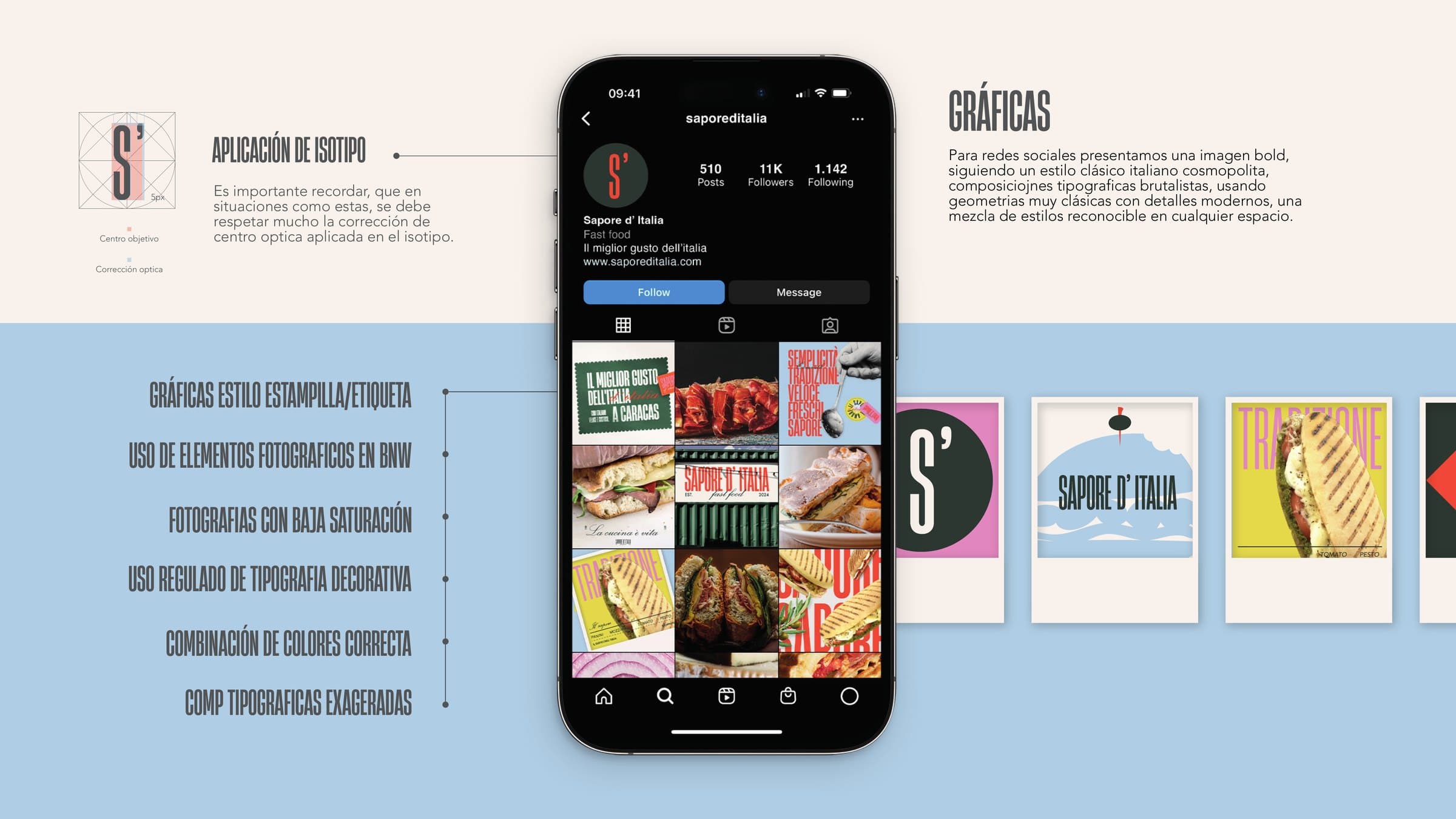 Sapore d'Italia Instagram profile on a phone, next to the system's graphic pieces