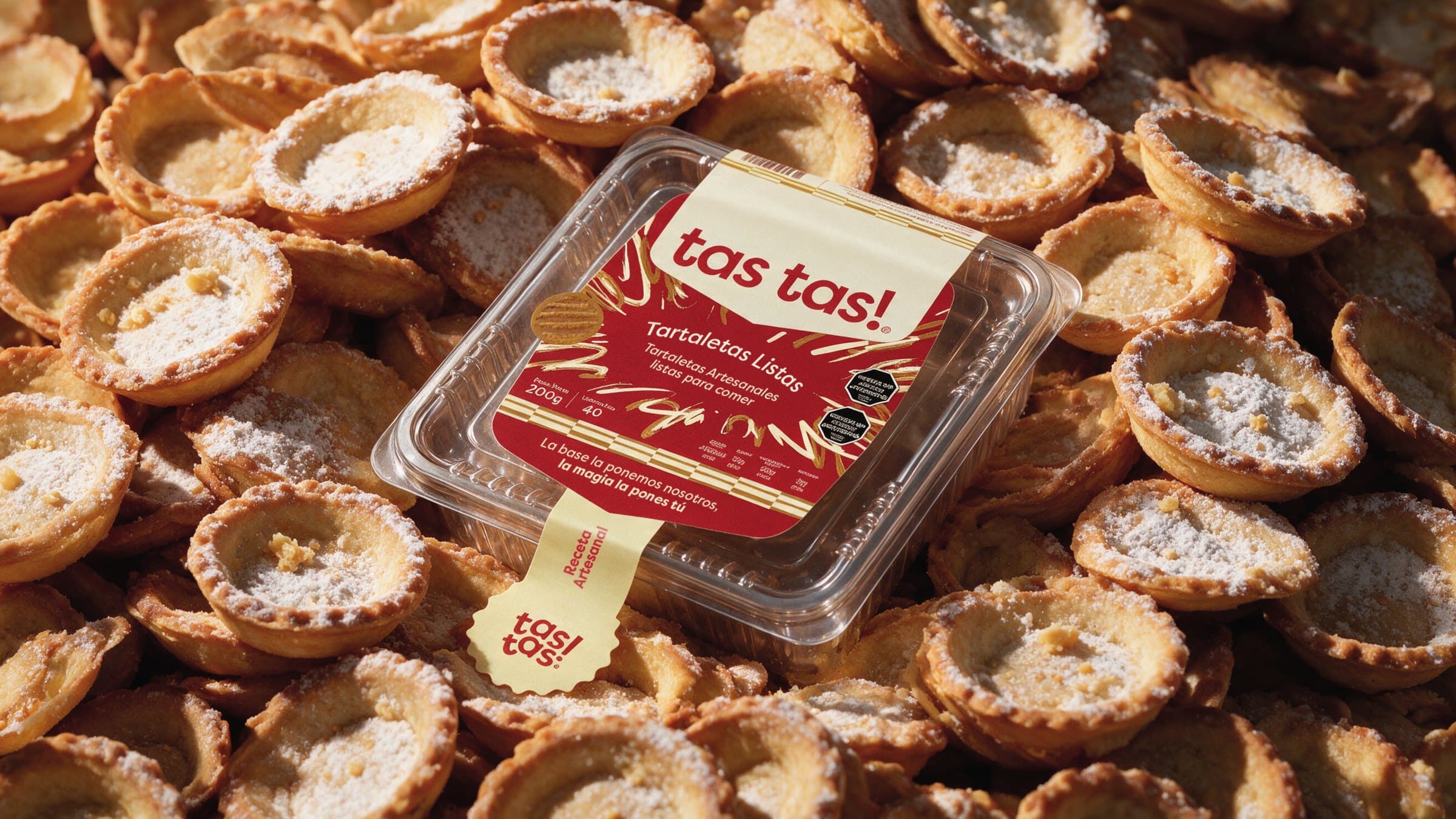 A tas tas! tartlet pack with its red label, resting on a mound of freshly baked tartlets